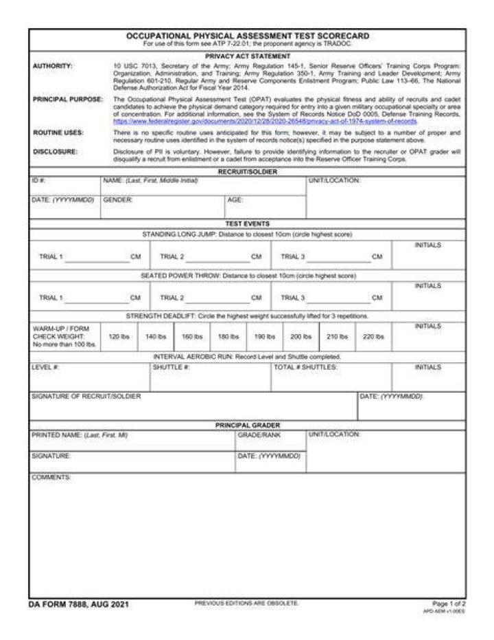 DA Form 7888 Occupational Physical Assessment Test Scorecard Free