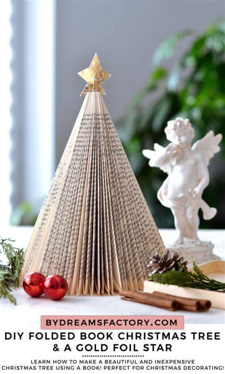 DIY Folded Book Christmas Tree with gold foil star Book christmas