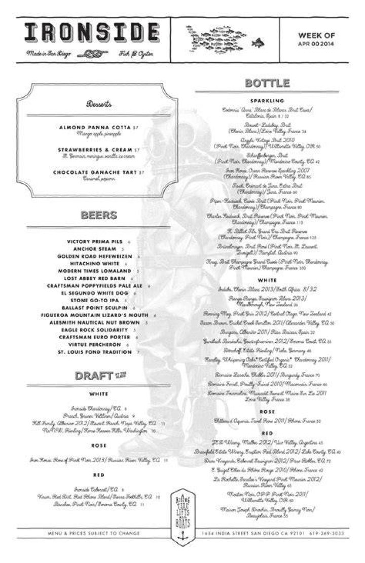Ironside Fish & Oyster menus in San Diego, California, United States