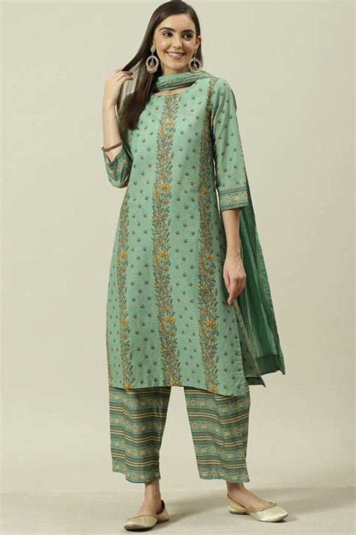 Neha Dharma Sage Green Printed Crop Top and Sharara Set