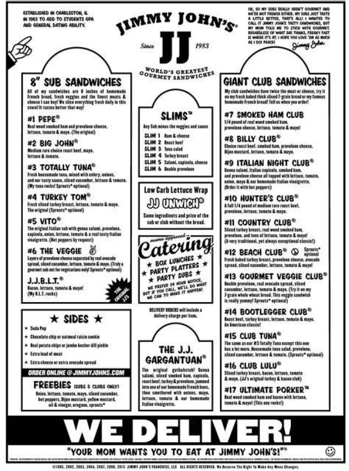 Printable Jimmy Johns Menu