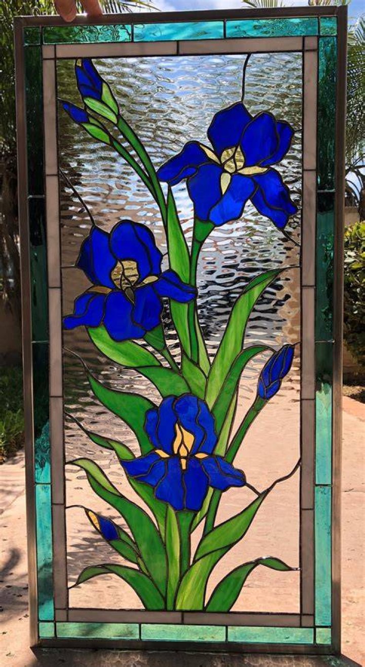 Stain glass panel Blue iris flower Tiffany gift for Easter Etsy