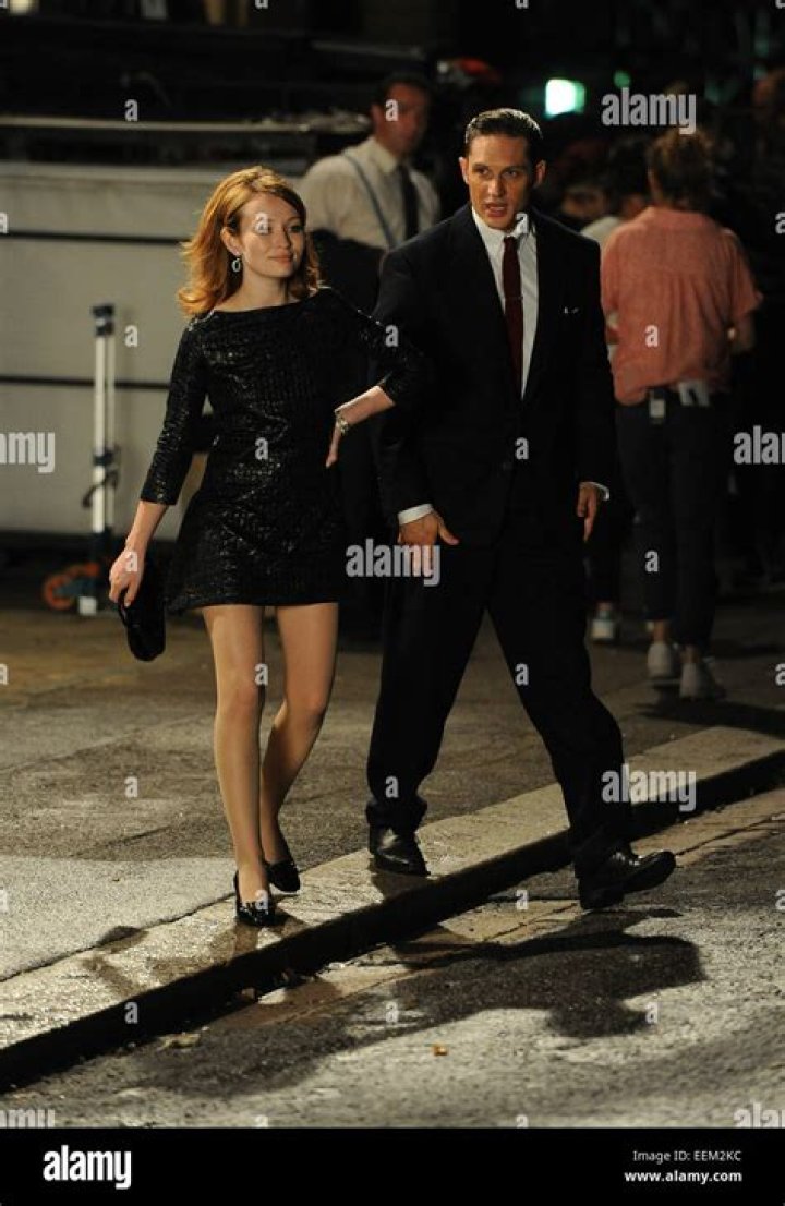 Tom Hardy and Emily Browning on set of the film 'Legend' in East London