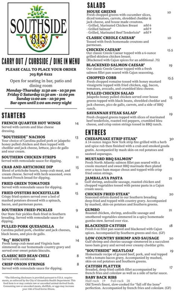 UPDATED MENU FRONT Southside 815